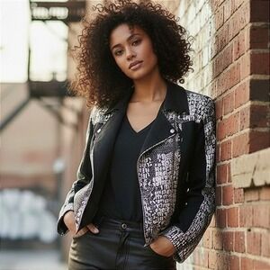 Snakeskin Print Sequin Zip Front Moto Jacket Black White Baddie Glam Edgy Medium